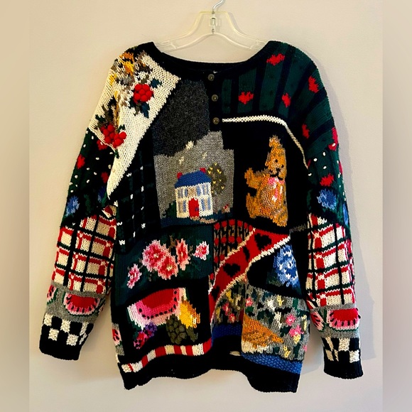 The Eagle's Eye Vintage 80s Hand Knit Wool Folk Art Novelty Sweater | Size L - Picture 1 of 7